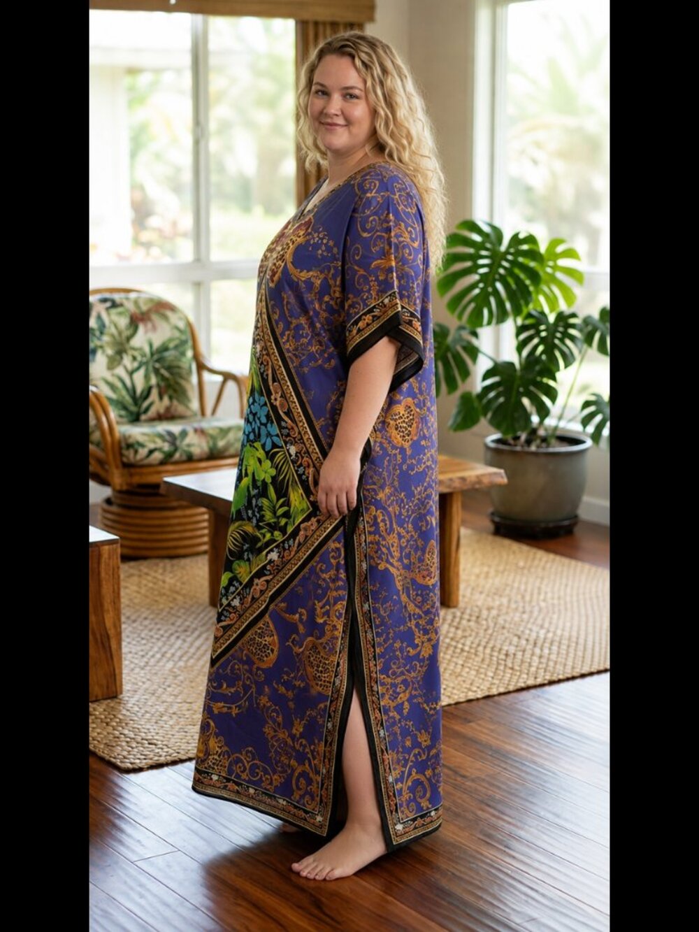 Royal Purple Animal Tropical Print Satin Silk Kaftan | Plus Size - Picture 2 of 6